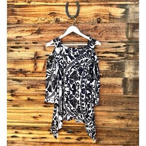 KAREN T DESIGN | B&W Floral Cold Shoulder Dress L
